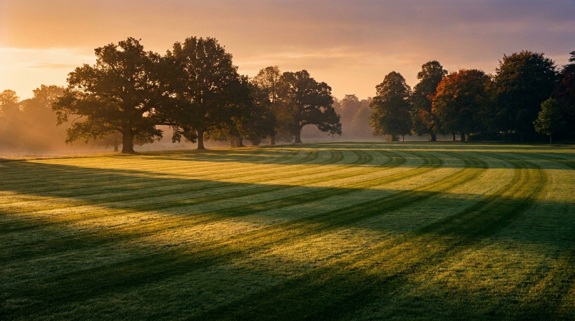 Mist over mown parkland and mature deciduous trees at first light