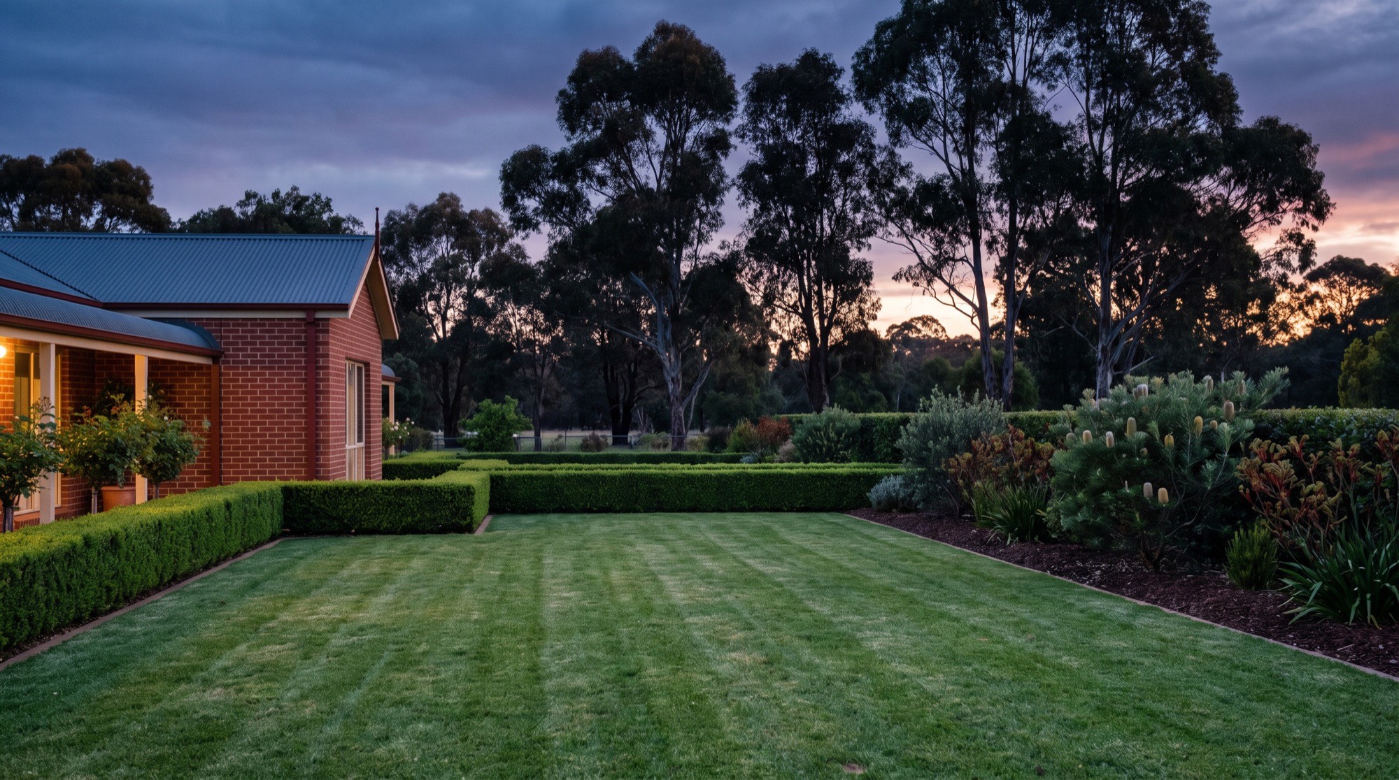 A back lawn and garden beds at a brick home under gum trees at dusk