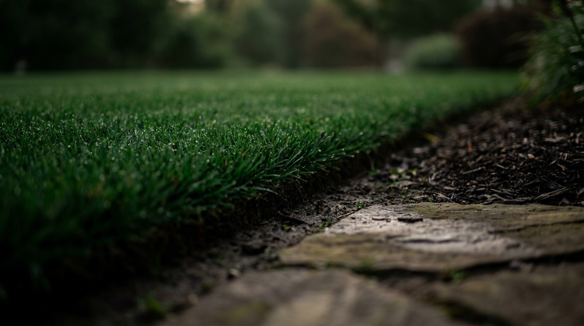 A clean mown edge where lawn meets a mulched garden bed