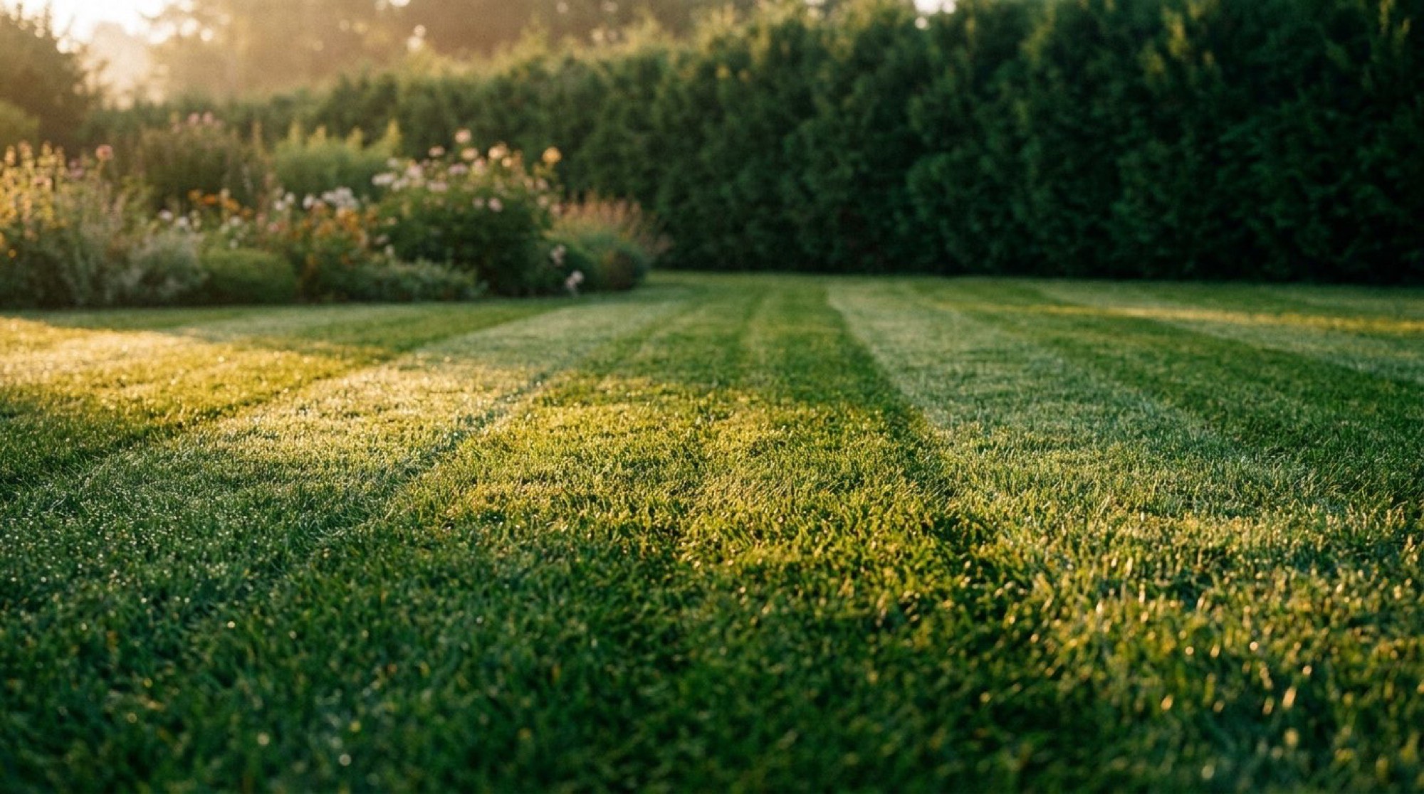A wide mown lawn holding its stripes in low afternoon light
