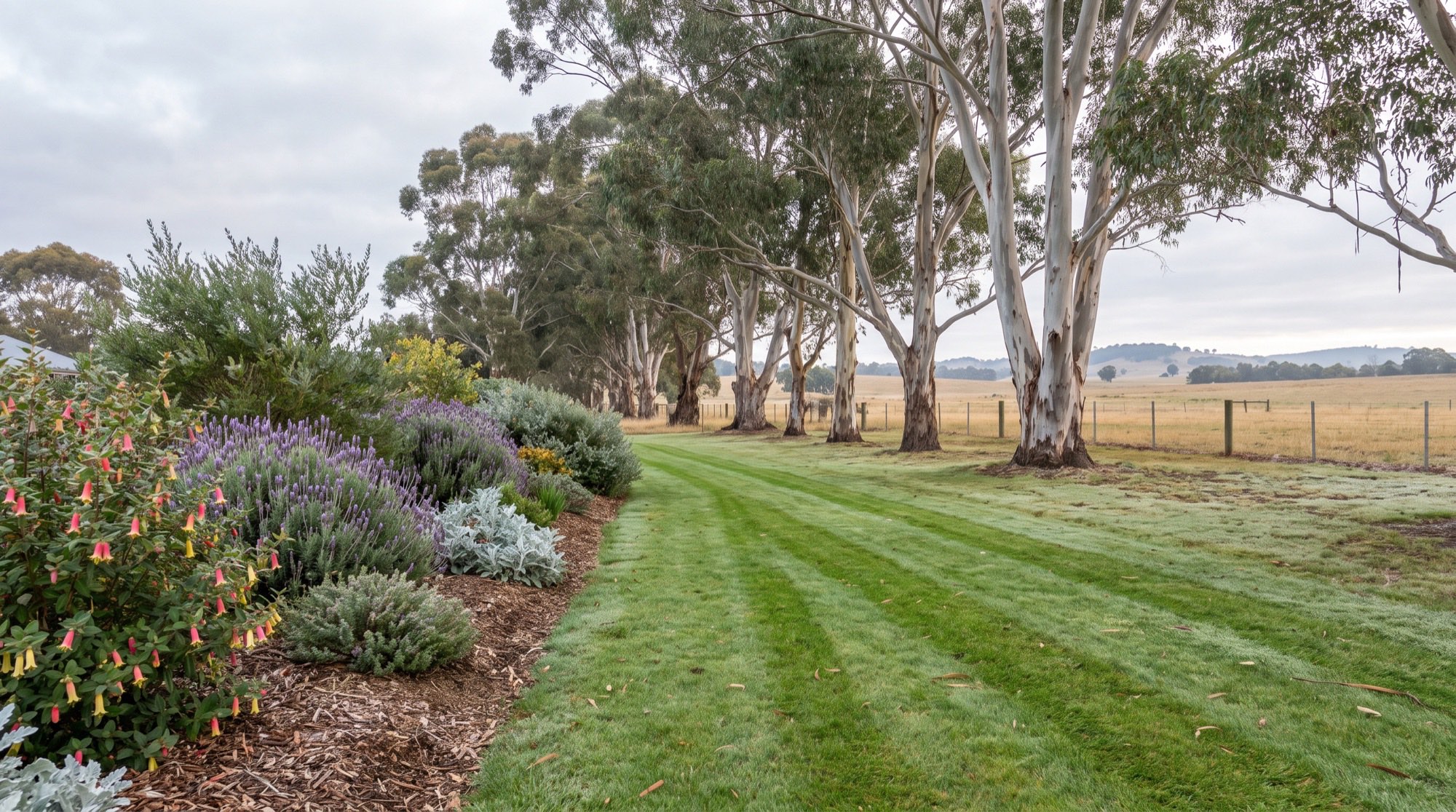 A mown lawn running back to a line of gum trees and an open paddock on a country block