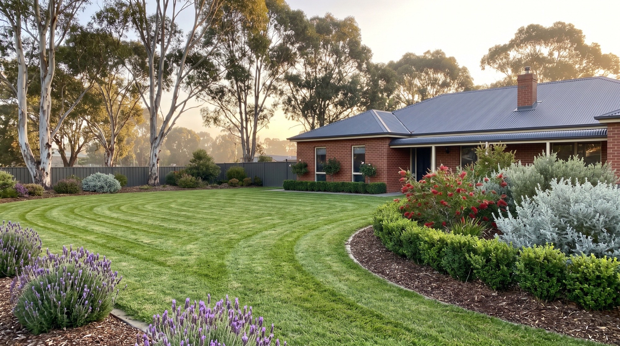 A mown lawn curving around a mulched bed of lavender, buxus and bottlebrush at a brick home with a Colorbond roof, gum trees behind