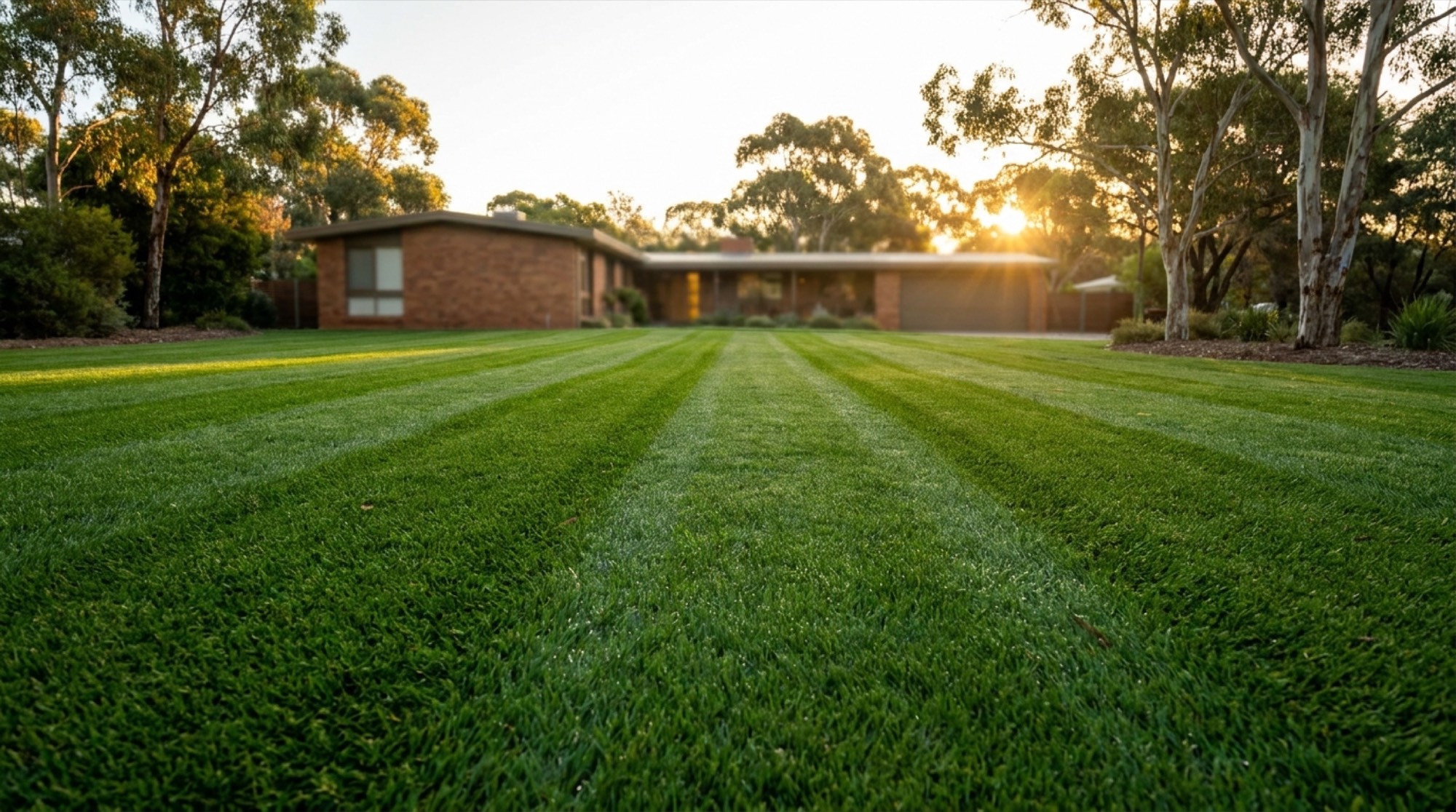 A freshly mown lawn and clipped garden beds at a home, with gum trees behind