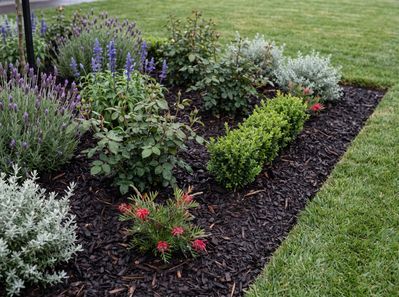 A freshly weeded and mulched garden bed with a crisp cut edge against the lawn