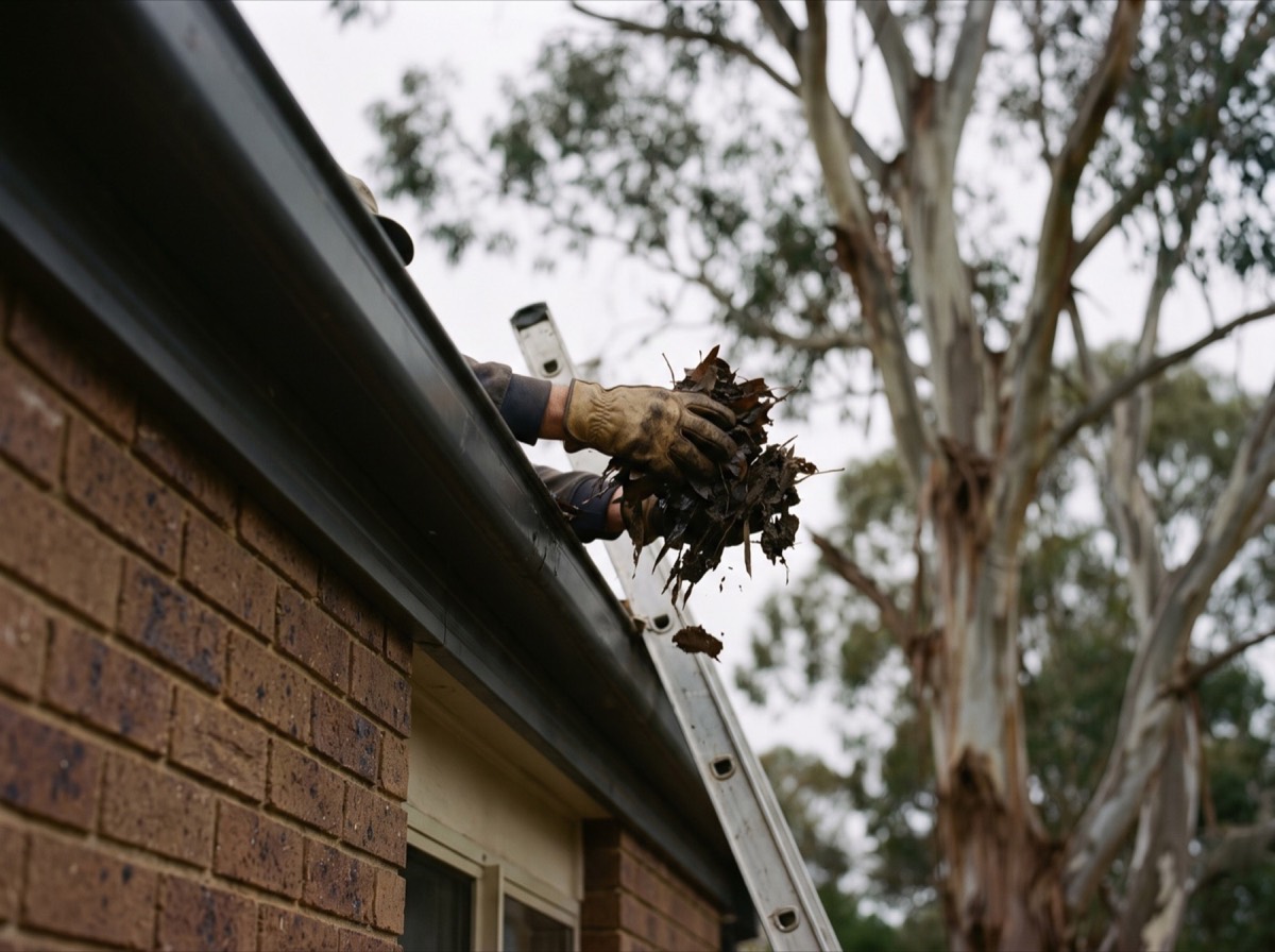 Leaf litter being cleared from the gutter of a brick home under gum trees