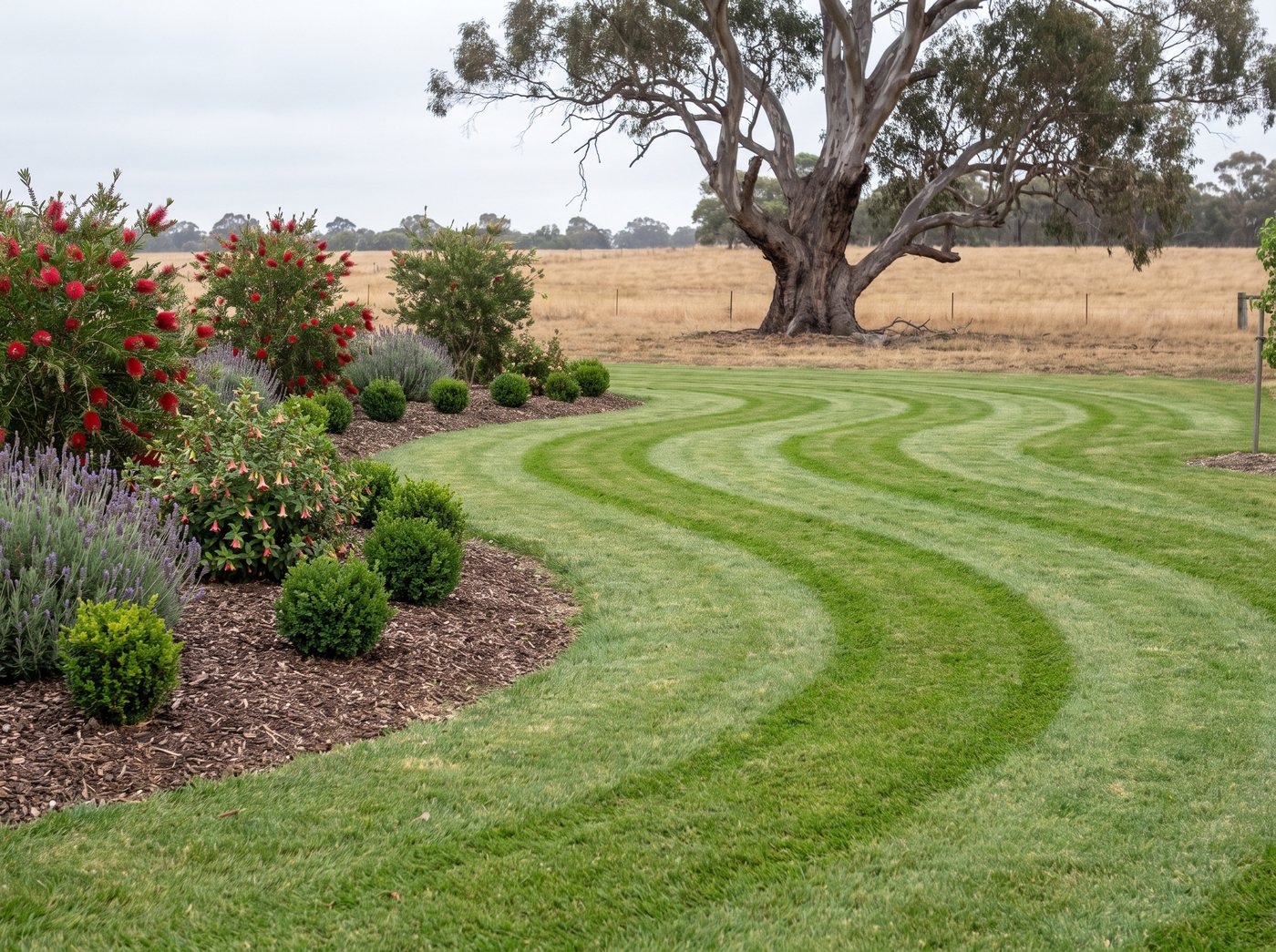 A lawn mown in wide curved stripes beside a bed of lavender, buxus and red bottlebrush, with a river red gum and a dry paddock behind